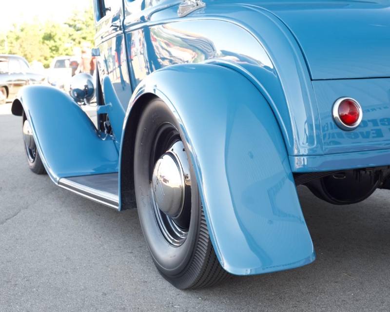 Powder-blue hot rod, rear fender and wheel